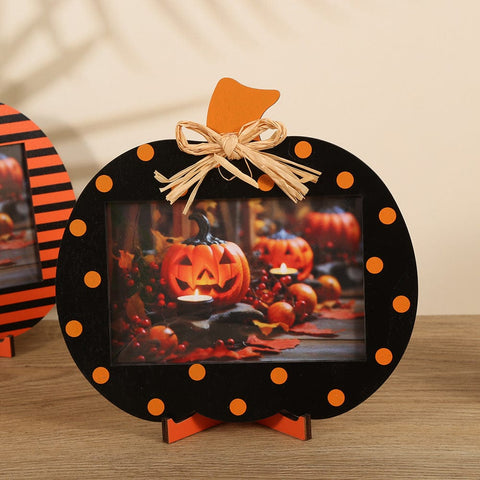 Darrahopens Occasions > Party & Birthday Novelties > Party Supplies Black and Orange Polka Dot Pattern Festive Pumpkin Photo Frame - Rustic Halloween Tabletop Picture Holder