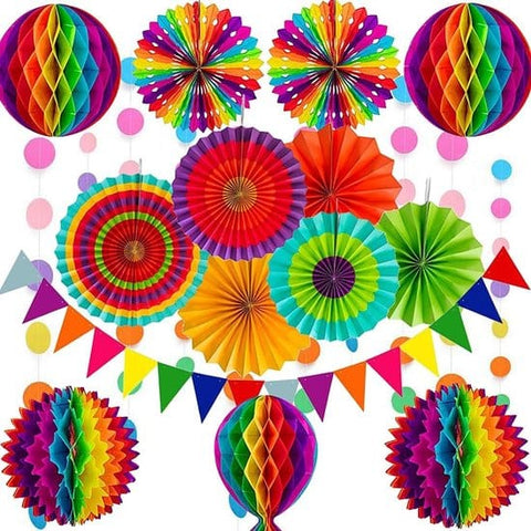 Darrahopens Occasions > Party & Birthday Novelties > Party Supplies Rainbow Party Decoration Set - Complete with Paper Fans, Honeycomb Balls & Streamers - For Birthdays & Weddings