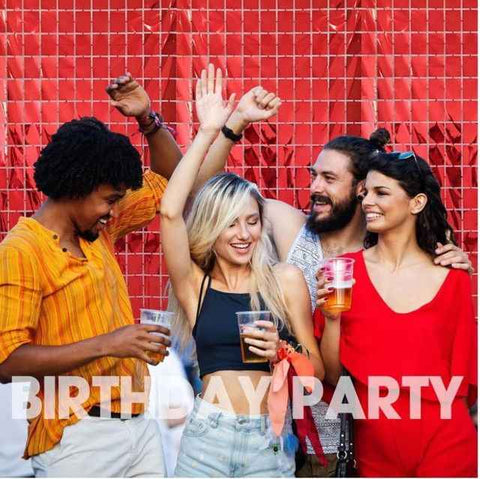 Darrahopens Occasions > Party & Birthday Novelties > Party Supplies Red 3D Shimmer Foil Fringe Square Cube Curtain (2 PCS) – 1m x 2m Self-Adhesive Metallic Backdrop for Birthdays, Weddings, and Party Wall Decor