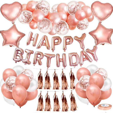 Darrahopens Occasions > Party & Birthday Novelties > Party Supplies Rose Gold Happy Birthday Balloon Decoration Kit - Foil Letter Balloons, Confetti Latex Balloons, Tassel Garland, Heart & Star Shapes - Complete Party Backdrop Set for Women, Girls, Bridal Shower, Photo Booth - Easy Setup Party Supplies