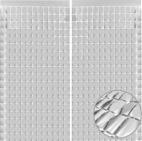 Darrahopens Occasions > Party & Birthday Novelties > Party Supplies Silver 3D Shimmer Foil Fringe Square Cube Curtain (2 PCS) – 1m x 2m Self-Adhesive Metallic Backdrop for Birthdays, Weddings, and Party Wall Decor