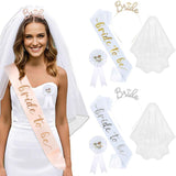Darrahopens Occasions > Party & Birthday Novelties > Party Supplies White and Gold Bride to Be Bachelorette Party Accessory Set, 4 Piece Bridal Shower Accessories Kit with Rhinestone Headband, Sash, Badge and Double Layer Veil with Comb