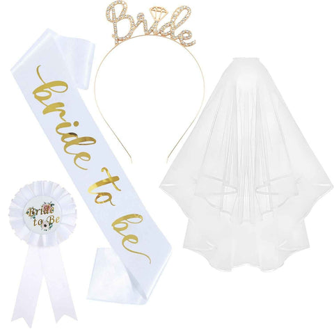 Darrahopens Occasions > Party & Birthday Novelties > Party Supplies White and Gold Bride to Be Bachelorette Party Accessory Set, 4 Piece Bridal Shower Accessories Kit with Rhinestone Headband, Sash, Badge and Double Layer Veil with Comb