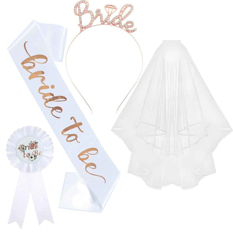 Darrahopens Occasions > Party & Birthday Novelties > Party Supplies White and Rose Gold Bride to Be Bachelorette Party Accessory Set, 4 Piece Bridal Shower Accessories Kit with Rhinestone Headband, Sash, Badge and Double Layer Veil with Comb