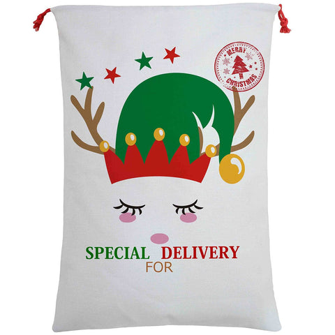 Darrahopens Occasions > Party Decorations 50x70cm Canvas Hessian Christmas Santa Sack Xmas Stocking Reindeer Kids Gift Bag, Cream - Cute Reindeer Delivery