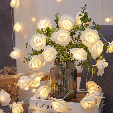 Darrahopens Occasions > Party Lights > Coloured Lights 20 White Rose 3D Fairy Lights 3M String, Battery (AA) Indoor & Outdoor Decorations Wedding Valentines Romantic Room Table Lighting