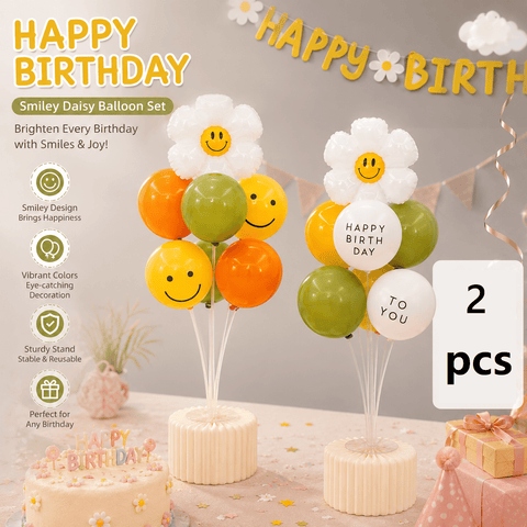 Darrahopens Occasions > Wedding Accessories > Balloons 2 Pack Daisy Birthday Balloon Table Centerpiece Set（"Happy Birthday" letter style and pale Orange balloon style）, 10 Inch Latex Balloons with Smiley Flower Topper, Kids Birthday Party Decoration for Baby Shower, First Birthday & Celebration Events