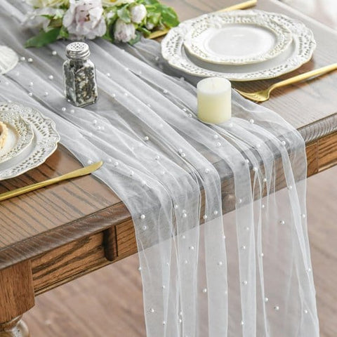 Darrahopens Occasions > Wedding Accessories > Other Wedding Decorations White Table Veil with White Pearls - Silky Gauze 30x120 Inches - For Weddings, Parties & Table Decorations