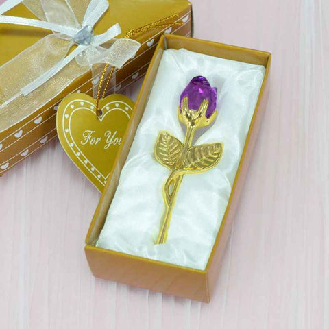 Darrahopens Occasions > Wedding Accessories > Wedding Favours 2 Set of Purple Crystal Rose Flower with Gold Gift Box and Gold Plated Stem Leaf – Elegant Crystal & Metal Rose Ornament | Wedding Party Gift, Valentine's Day & Anniversary Keepsake