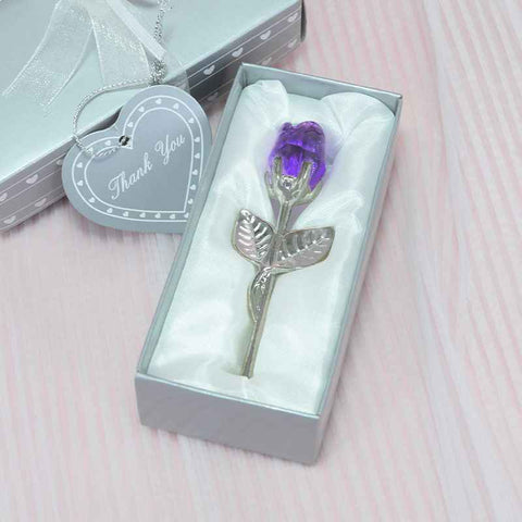 Darrahopens Occasions > Wedding Accessories > Wedding Favours 2 Set of Purple Crystal Rose Flower with Silver Gift Box and Silver Plated Stem Leaf – Elegant Crystal & Metal Rose Ornament | Wedding Party Gift, Valentine's Day & Anniversary Keepsake