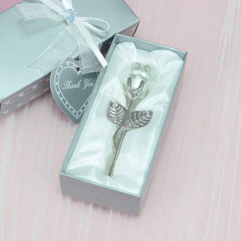 Darrahopens Occasions > Wedding Accessories > Wedding Favours 2 Set of White Crystal Rose Flower with Silver Gift Box and Silver Plated Stem Leaf – Elegant Crystal & Metal Rose Ornament | Wedding Party Gift, Valentine's Day & Anniversary Keepsake