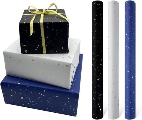 Darrahopens Occasions > Wrapping Paper & Gift Bags > Gift Bags 3 Rolls of Birthday Wrapping Paper - 43cm x 3m Per Roll - Blue, White & Black - Large Roll of Recyclable Paper