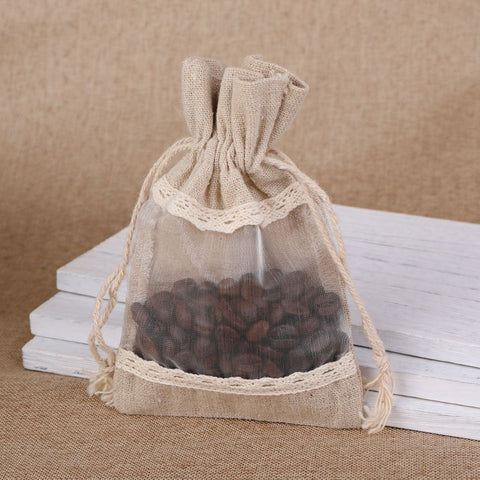 Darrahopens Occasions > Wrapping Paper & Gift Bags > Gift Bags Brownish-gray 10 Pack Linen Canvas Drawstring Gift Bags with Lace Trim and Mesh Window 13x18cm Versatile Pouches for Wedding Favours and Home Storage in Australia