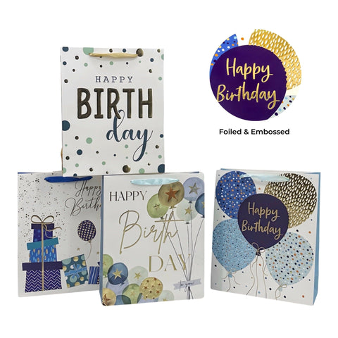 Darrahopens Occasions > Wrapping Paper & Gift Bags > Gift Bags Bulk 24 Medium Foil & Embossed Birthday Gift Bag 4 Assort 17x23cm