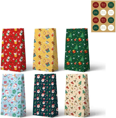 Darrahopens Occasions > Wrapping Paper & Gift Bags > Gift Bags Paper Gift Bags – Christmas Gift Bags – 24 Count Christmas Gift Bags – Kraft Paper Christmas Bags with Festive Designs – Perfect for Small Presents, Sweets & Party Favors – With Stickers for Easy Sealing