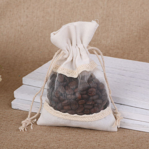 Darrahopens Occasions > Wrapping Paper & Gift Bags > Gift Bags White 10 Pack Linen Canvas Drawstring Gift Bags with Lace Trim and Mesh Window 13x18cm Versatile Pouches for Wedding Favours and Home Storage in Australia