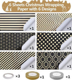 Darrahopens Occasions > Wrapping Paper & Gift Bags > Gift Bags Wrapping Paper Set - 6 Rolls Gold & Black Christmas - Includes Ribbon & Stickers - 43x300 cm Per Roll