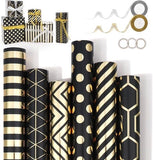 Darrahopens Occasions > Wrapping Paper & Gift Bags > Gift Bags Wrapping Paper Set - 6 Rolls Gold & Black Christmas - Includes Ribbon & Stickers - 43x300 cm Per Roll