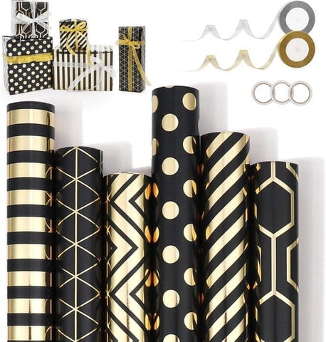 Darrahopens Occasions > Wrapping Paper & Gift Bags > Gift Bags Wrapping Paper Set - 6 Rolls Gold & Black Christmas - Includes Ribbon & Stickers - 43x300 cm Per Roll