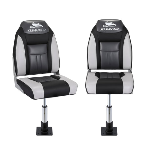 Darrahopens Outdoor Recreation > Boating > Boating Accessories Seamanship 2X Folding Boat Seats with 2X Adjustable Pedestals 34–46cm Marine Seat Swivel High Back 12cm Padding Black