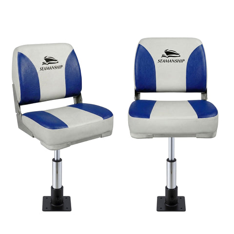 Darrahopens Outdoor Recreation > Boating > Boating Accessories Seamanship 2X Folding Boat Seats with 2X Adjustable Pedestals 34–46cm Marine Swivel Low Back 13cm Padding White Blue