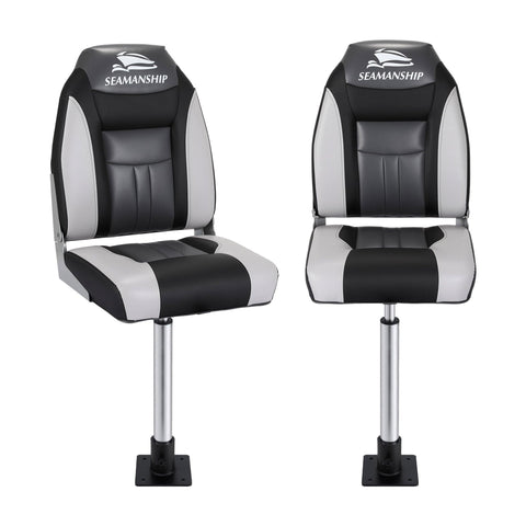 Darrahopens Outdoor Recreation > Boating > Boating Accessories Seamanship 2X Folding Boat Seats with 2X Adjustable Pedestals 55–75cm Marine Seat Swivel High Back 12cm Padding Black