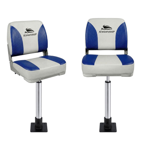 Darrahopens Outdoor Recreation > Boating > Boating Accessories Seamanship 2X Folding Boat Seats with 2X Adjustable Pedestals 55–75cm Marine Swivel Low Back 13cm Padding White Blue