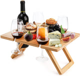 Darrahopens Outdoor Recreation > Camping > Camp Furniture Bamboo Foldable Picnic Table Tray with Wine and Glass Holders