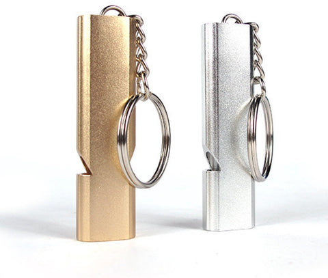 Darrahopens Outdoor Recreation > Camping > Camp Safety Equipment Whistles - Emergency Survival Whistles - Set of 2 - Extra Loud Aluminum Whistles for Outdoor Use - Slim Double-Barrel Rescue Whistles - Suitable for Swim Training, Camping, Hiking, Hunting, Boating and Other Activities (Gold + Silver)