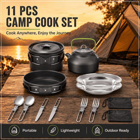 Darrahopens Outdoor Recreation > Camping > Camping Appliances 11PCS Black Camping Cookware Set – Lightweight Aluminium Camping Pots, Frying Pan, Kettle & Stainless Steel Cutlery, Portable Non-Stick Outdoor Cooking Set for 2-3 Person Camping, Hiking, Backpacking & Picnic In Australia - Darrahopens
