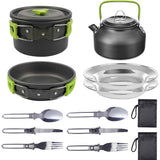 Darrahopens Outdoor Recreation > Camping > Camping Appliances 11PCS Green Camping Cookware Set – Lightweight Aluminium Camping Pots, Frying Pan, Kettle & Stainless Steel Cutlery, Portable Non-Stick Outdoor Cooking Set for 2-3 Person Camping, Hiking, Backpacking & Picnic In Australia - Darrahopens