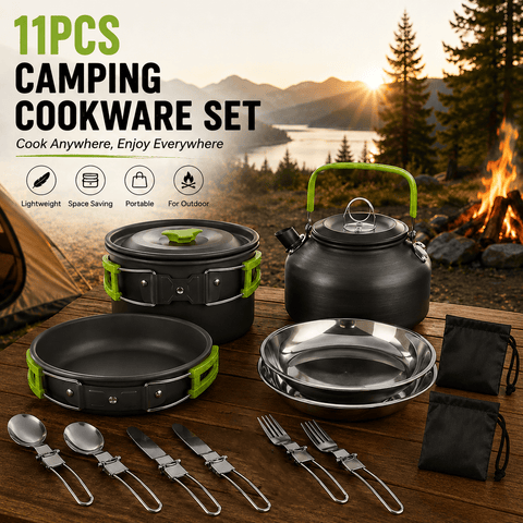 Darrahopens Outdoor Recreation > Camping > Camping Appliances 11PCS Green Camping Cookware Set – Lightweight Aluminium Camping Pots, Frying Pan, Kettle & Stainless Steel Cutlery, Portable Non-Stick Outdoor Cooking Set for 2-3 Person Camping, Hiking, Backpacking & Picnic In Australia - Darrahopens