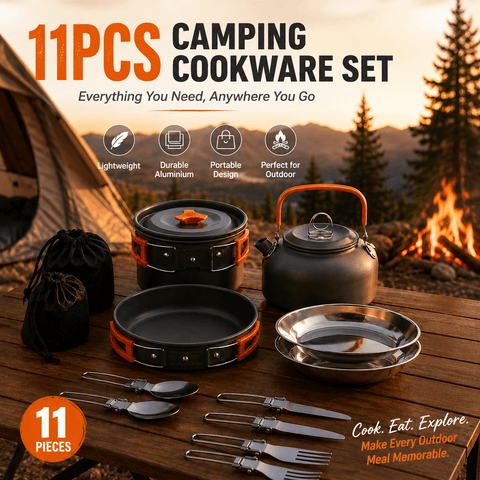 Darrahopens Outdoor Recreation > Camping > Camping Appliances 11PCS Orange Camping Cookware Set – Lightweight Aluminium Camping Pots, Frying Pan, Kettle & Stainless Steel Cutlery, Portable Non-Stick Outdoor Cooking Set for 2-3 Person Camping, Hiking, Backpacking & Picnic In Australia - Darrahopens