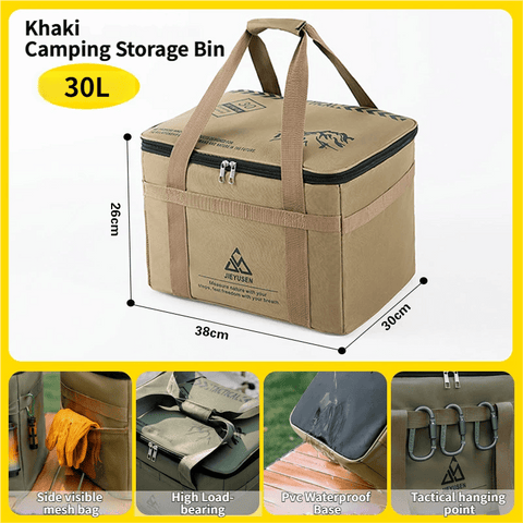 Darrahopens Outdoor Recreation > Camping > Camping Appliances 30L Collapsible Outdoor Tactical Organizer, Oxford Fabric Large Capacity Camping Gear Storage Bin with Waterproof PVC Base & Hanging Webbing for Picnic, Hiking, Camping & Kitchen Utensils, Khaki 38 x 26 x 30cm