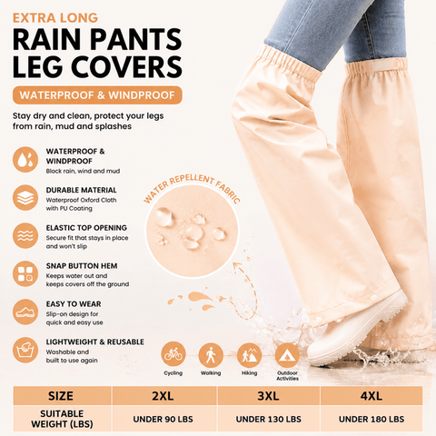 Darrahopens Outdoor Recreation > Camping > Camping Appliances Beige Waterproof Rain Leg Covers and Long Half Rain Pants, Quick Pull-On with Adjustable Elastic Top & Snap Closure Cuffs – Lightweight & Reusable, Windproof & Mudproof for Commuting, Cycling, Garden and Outdoor Activities (1 Pair 3XL)
