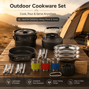 Darrahopens Outdoor Recreation > Camping > Camping Appliances Black Camping Cookware Set for 2–3 People – Portable Outdoor Cooking Pot, Frying Pan & 1.1L Kettle Kit with Stainless Steel Plates, Cups & Cutlery, Lightweight Non-Stick Camping Cook Set for Hiking, Picnic, Backpacking & RV Travel