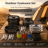 Darrahopens Outdoor Recreation > Camping > Camping Appliances Black Camping Cookware Set for 2–3 People – Portable Outdoor Cooking Pot, Frying Pan & 1.1L Kettle Kit with Stainless Steel Plates, Cups & Cutlery, Lightweight Non-Stick Camping Cook Set for Hiking, Picnic, Backpacking & RV Travel