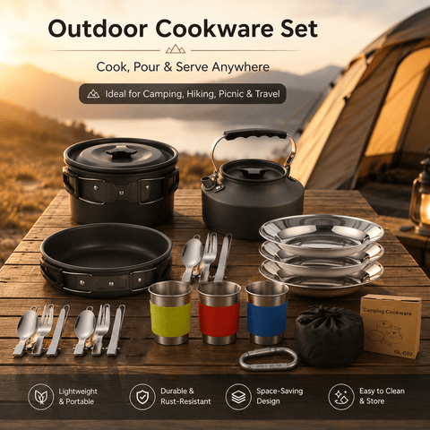 Darrahopens Outdoor Recreation > Camping > Camping Appliances Black Camping Cookware Set for 2–3 People – Portable Outdoor Cooking Pot, Frying Pan & 1.1L Kettle Kit with Stainless Steel Plates, Cups & Cutlery, Lightweight Non-Stick Camping Cook Set for Hiking, Picnic, Backpacking & RV Travel