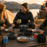 Darrahopens Outdoor Recreation > Camping > Camping Appliances Black Camping Cookware Set for 2–3 People – Portable Outdoor Cooking Pot, Frying Pan & 1.1L Kettle Kit with Stainless Steel Plates, Cups & Cutlery, Lightweight Non-Stick Camping Cook Set for Hiking, Picnic, Backpacking & RV Travel