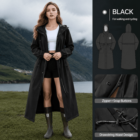 Darrahopens Outdoor Recreation > Camping > Camping Appliances Black Full-Cover Hooded EVA Raincoat, Long Trench Coat Waterproof Rain Poncho with Adjustable Waist & Collar Drawstring, Zipper & Snap Windproof Closure, Extended Clear Brim and Covered Pockets for Dailywear Cycling Hiking Camping Use, L Size