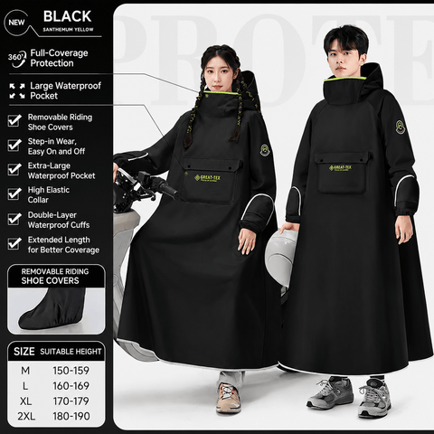 Black Full Coverage & Extended Cycling Hooded Rain Poncho with Detachable Shoe Covers, XL Size – Thickened Waterproof Oxford Motorcycle Raincoat with Face-Protection Elastic Collar, Large Storage Pocket and Foldable Sleeve Cover for Men Women Outdoor Use