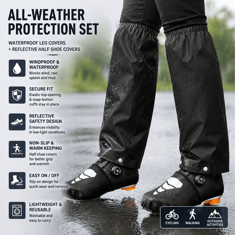 Black Waterproof Rain Leg Covers and Long Half Rain Pants, Quick Pull-On with Adjustable Elastic Top & Snap Closure Cuffs – Lightweight & Reusable, Windproof & Mudproof for Commuting, Cycling, Garden and Outdoor Activities (1 Pair 4XL)