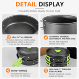 Darrahopens Outdoor Recreation > Camping > Camping Appliances Green Camping Cookware Set for 2–3 People – Portable Outdoor Cooking Pot, Frying Pan & 1.1L Kettle Kit with Stainless Steel Plates, Cups & Cutlery, Lightweight Non-Stick Camping Cook Set for Hiking, Picnic, Backpacking & RV Travel