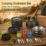 Darrahopens Outdoor Recreation > Camping > Camping Appliances Green Camping Cookware Set for 2–3 People – Portable Outdoor Cooking Pot, Frying Pan & 1.1L Kettle Kit with Stainless Steel Plates, Cups & Cutlery, Lightweight Non-Stick Camping Cook Set for Hiking, Picnic, Backpacking & RV Travel