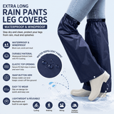 Navy Blue Waterproof Rain Leg Covers and Long Half Rain Pants, Quick Pull-On with Adjustable Elastic Top & Snap Closure Cuffs – Lightweight & Reusable, Windproof & Mudproof for Commuting, Cycling, Garden and Outdoor Activities (1 Pair 3XL)