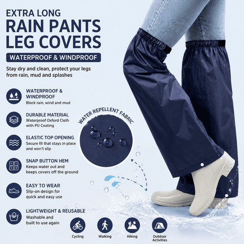 Navy Blue Waterproof Rain Leg Covers and Long Half Rain Pants, Quick Pull-On with Adjustable Elastic Top & Snap Closure Cuffs – Lightweight & Reusable, Windproof & Mudproof for Commuting, Cycling, Garden and Outdoor Activities (1 Pair 3XL)