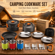 Darrahopens Outdoor Recreation > Camping > Camping Appliances Orange Camping Cookware Set for 2–3 People – Portable Outdoor Cooking Pot, Frying Pan & 1.1L Kettle Kit with Stainless Steel Plates, Cups & Cutlery, Lightweight Non-Stick Camping Cook Set for Hiking, Picnic, Backpacking & RV Travel