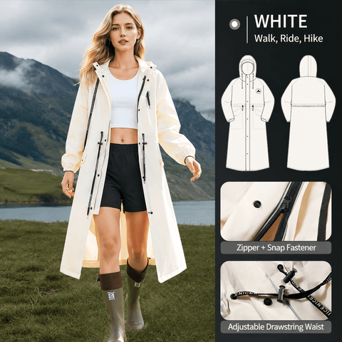 Darrahopens Outdoor Recreation > Camping > Camping Appliances White Full-Cover Hooded EVA Raincoat, Long Trench Coat Waterproof Rain Poncho with Adjustable Waist & Collar Drawstring, Zipper & Snap Windproof Closure, Extended Clear Brim and Covered Pockets for Dailywear Cycling Hiking Camping Use, XL Size