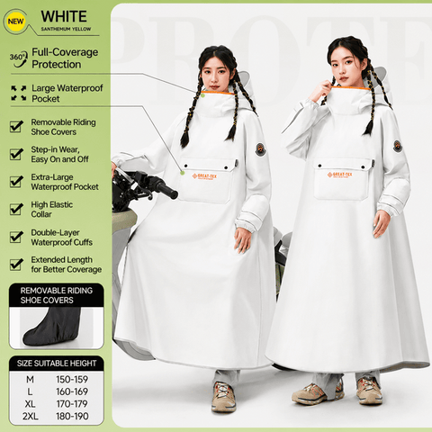 Darrahopens Outdoor Recreation > Camping > Camping Appliances White Full Coverage & Extended Cycling Hooded Rain Poncho with Detachable Shoe Covers, M Size – Thickened Waterproof Oxford Motorcycle Raincoat with Face-Protection Elastic Collar, Large Storage Pocket and Foldable Sleeve Cover for Men Women Outdoor Use