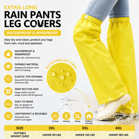 Darrahopens Outdoor Recreation > Camping > Camping Appliances Yellow Waterproof Rain Leg Covers and Long Half Rain Pants, Quick Pull-On with Adjustable Elastic Top & Snap Closure Cuffs – Lightweight & Reusable, Windproof & Mudproof for Commuting, Cycling, Garden and Outdoor Activities (1 Pair 3XL)